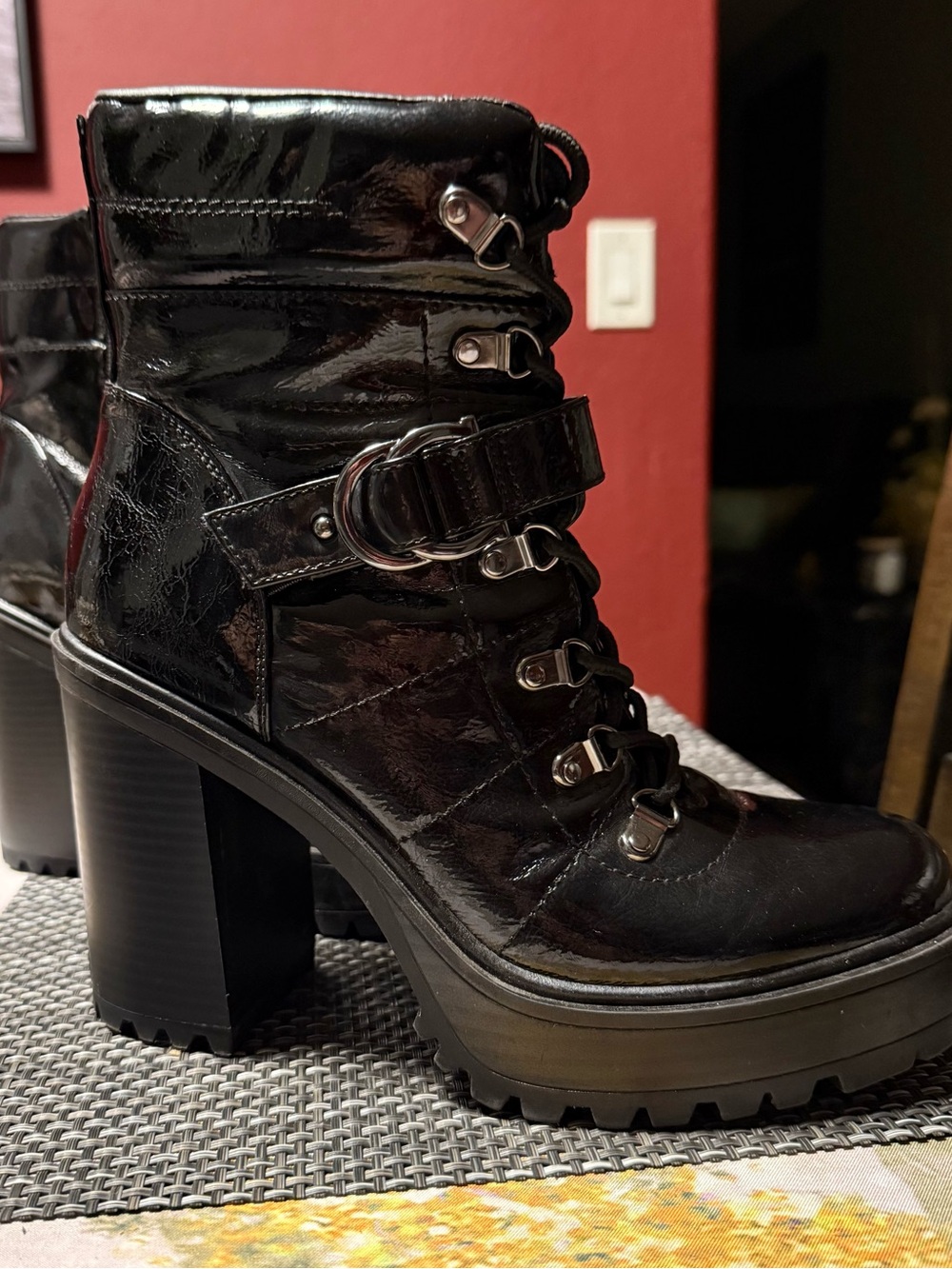 Guess Black Patent Lace-Up Lug Heel Ankle Boots